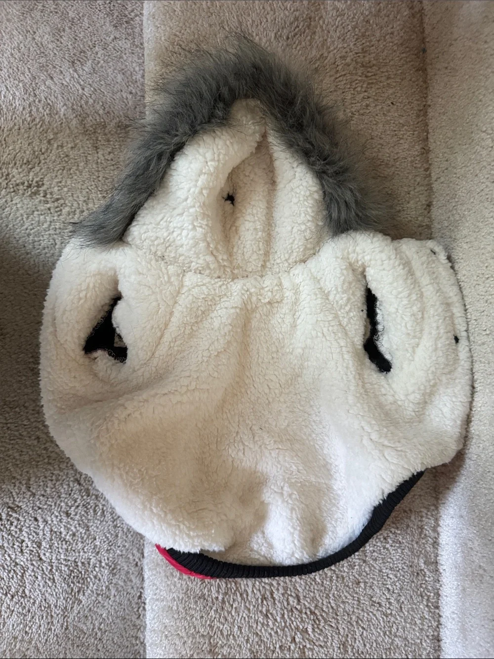 Red fleece lined Coat for small dog with Faux Fur Hood